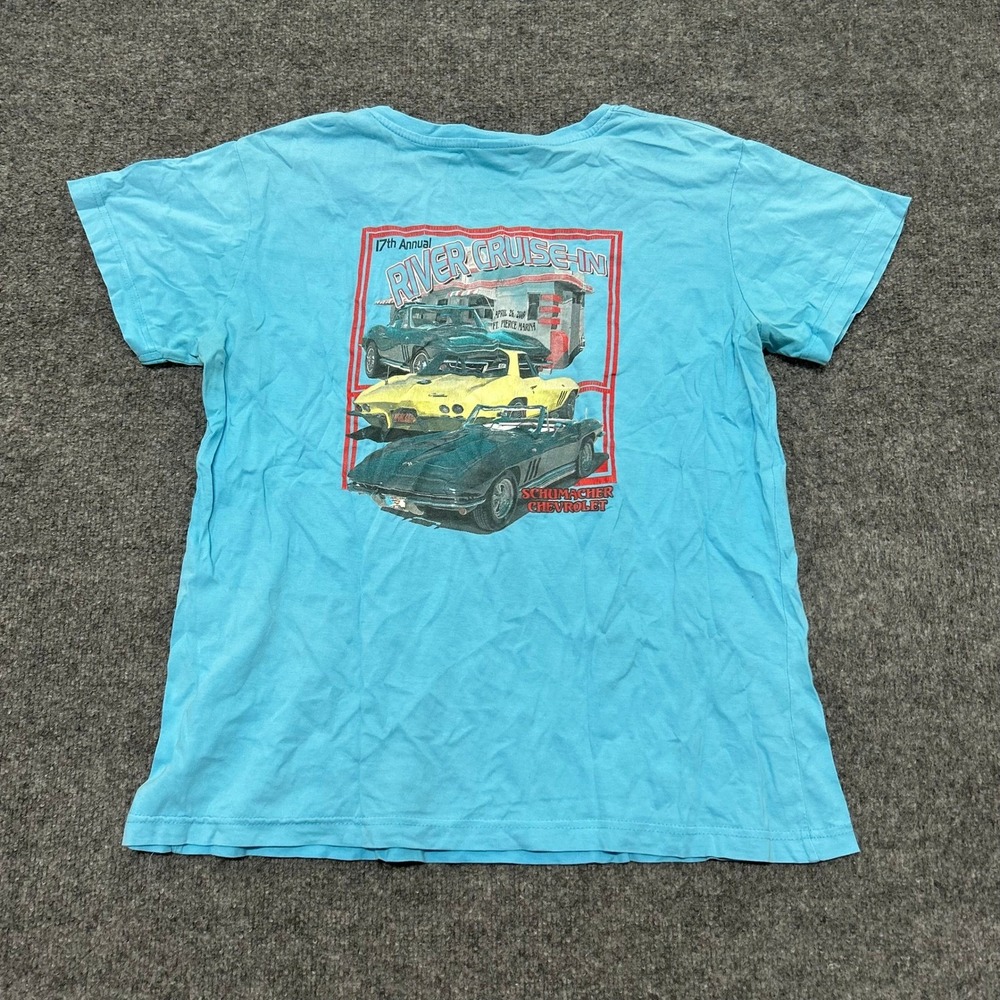 LAT T-Shirt Womens Size XL Blue River Cruise-In Corvette Graphic V-Neck Cotton